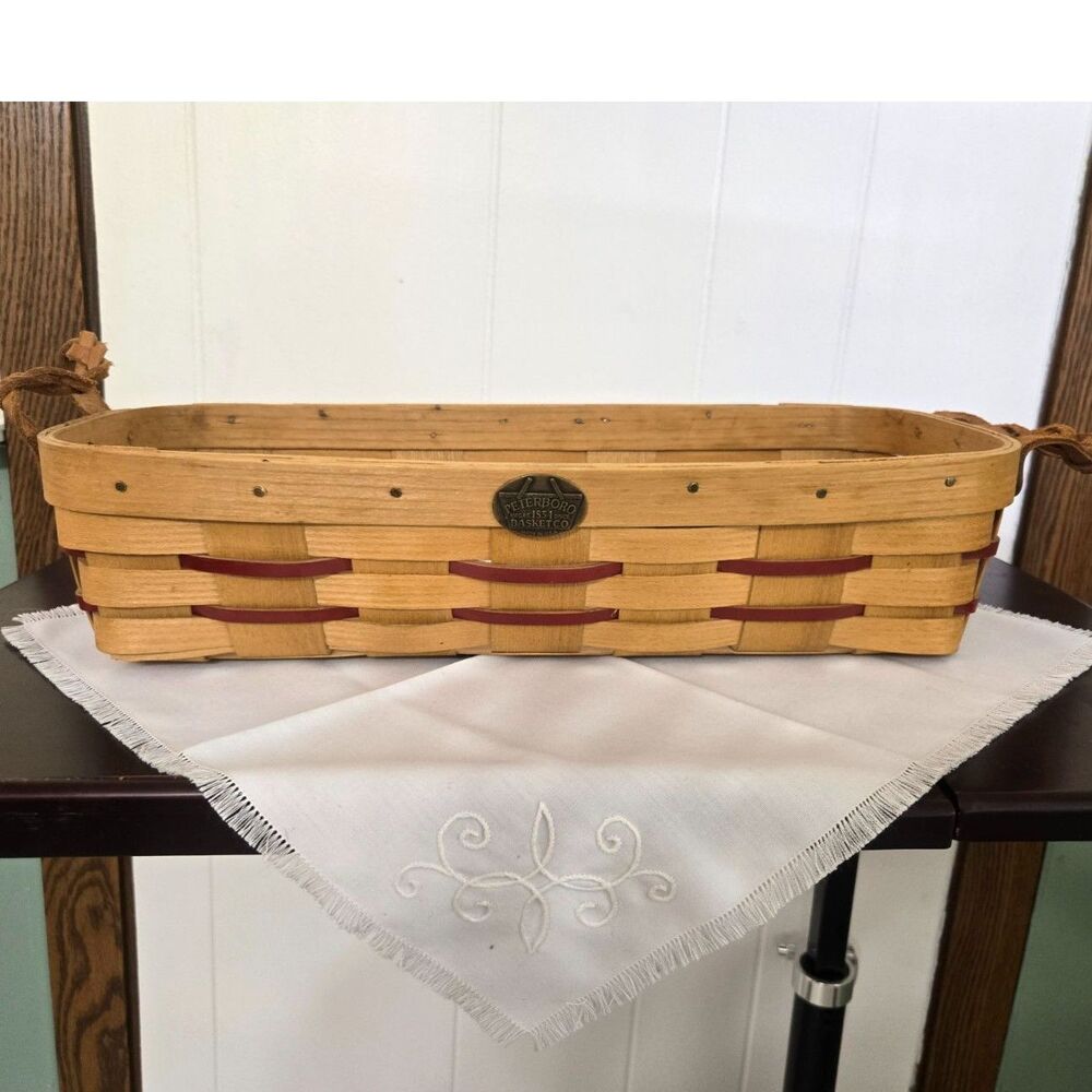 PeterBoro Basket Co. Bread Basket Red Accents Braided Leather Handles